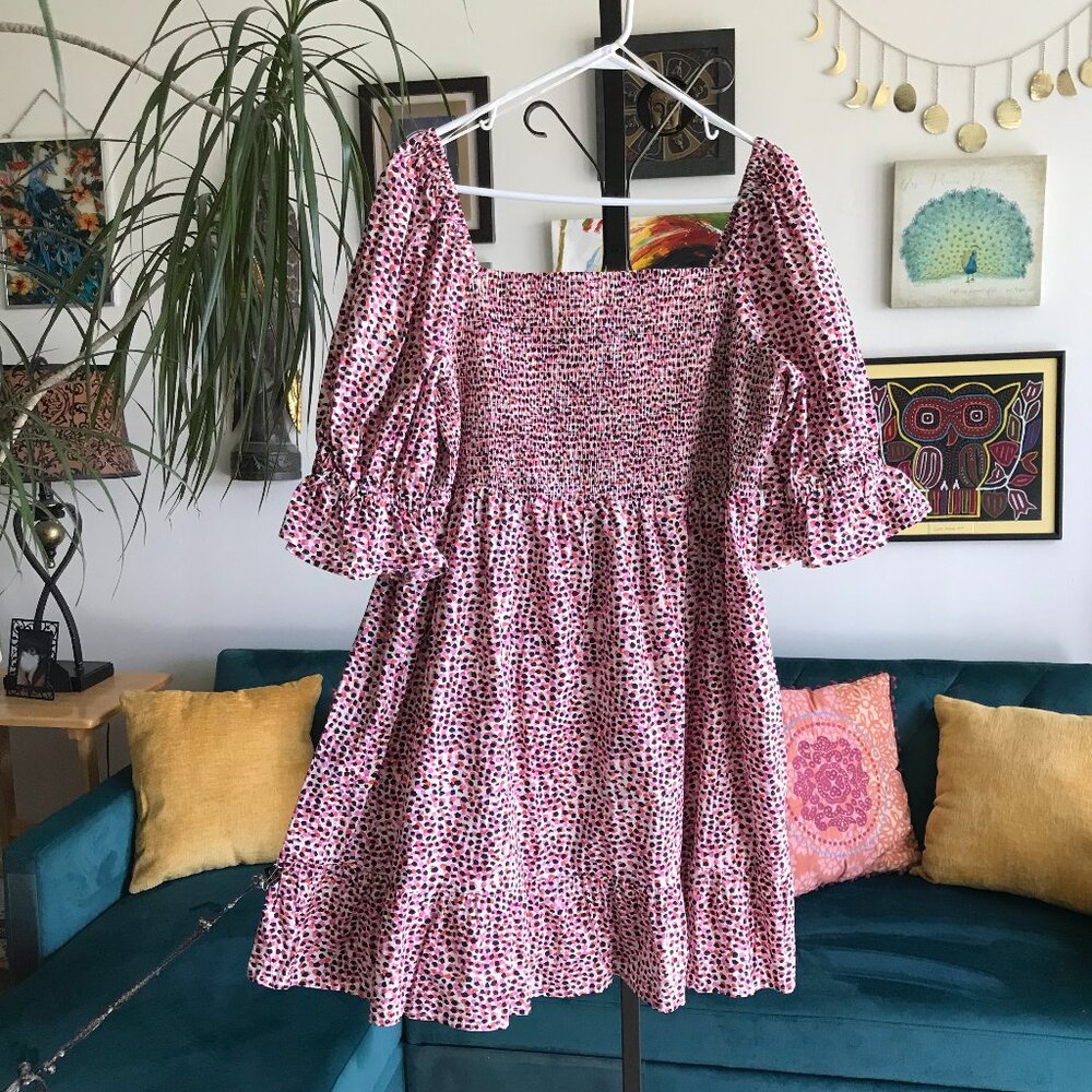 ELOQUII Elements size 18 Pink Black & Orange Print Smocked Puff Sleeve Dress NWT